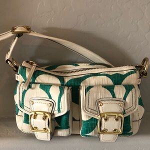 Coach Legacy Jade Green Bone Signature Linen Bag
